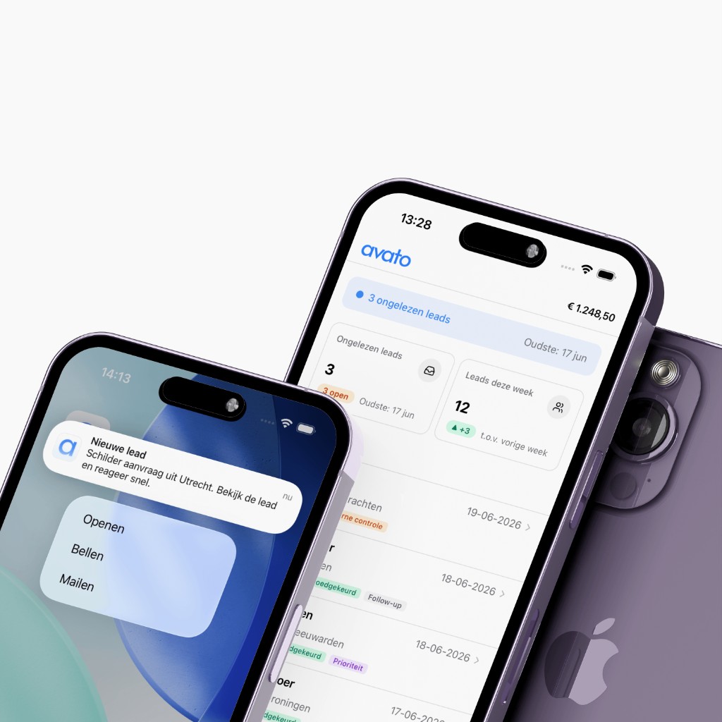 De Avato-app: melding bij een nieuwe lead en overzicht met saldo
