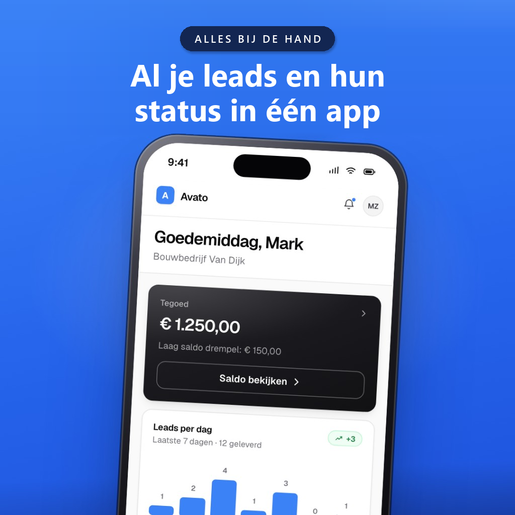 Startscherm van Avato Professionals, met tegoed en leads per dag.