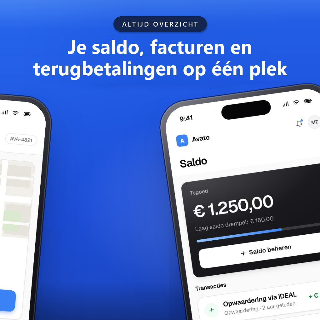 Saldo in de app, met opwaarderen en de transactiegeschiedenis.