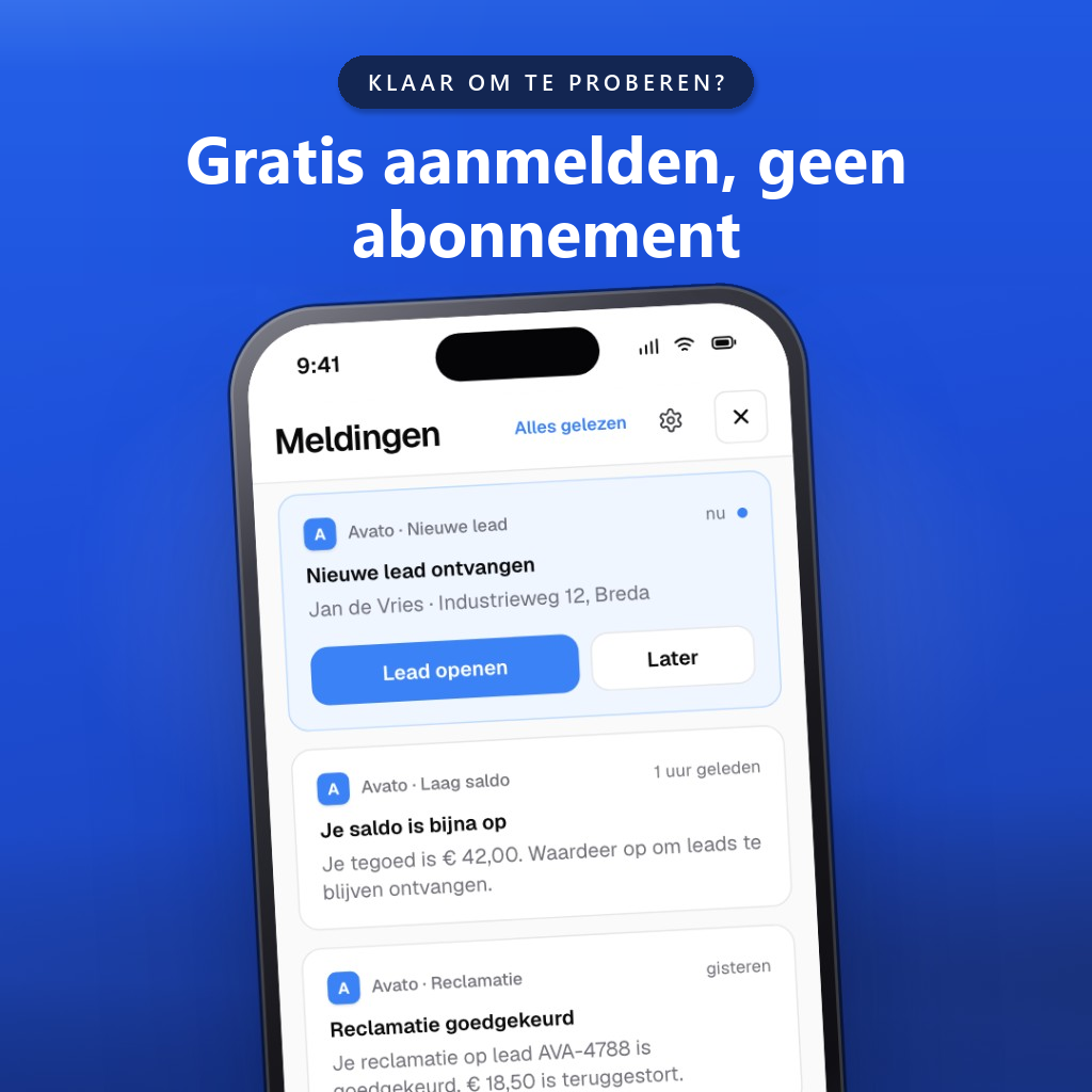 Meldingen voor een nieuwe lead, een laag saldo en een goedgekeurde reclamatie.